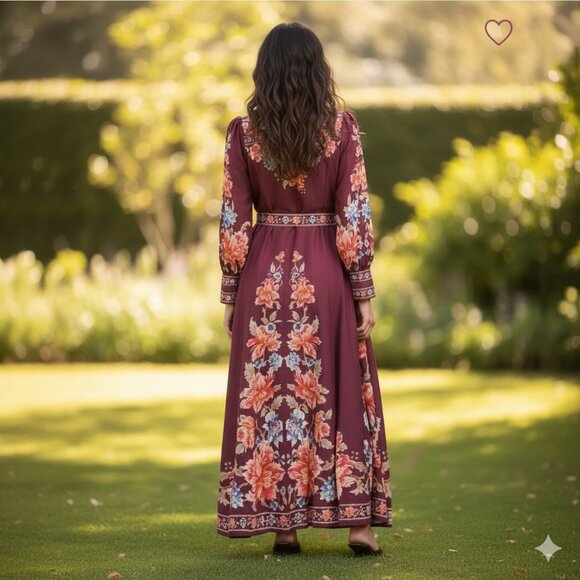 NWT$250 Dalia MacPhee Long Sleeve Maxi Belted Burgundy Floral Shirt Dress LARGE - Picture 2 of 12